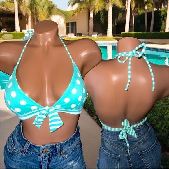 VS Swimwear l Turquoise & White Polka-dotted Bikini Top l Tie Back l SP l EUC - Picture 3 of 9